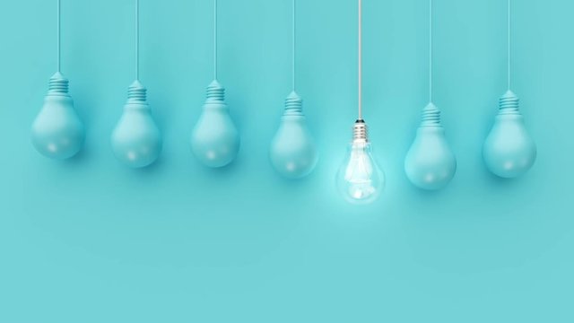 Hanging light bulbs with glowing one different idea on blue background. Minimal concept idea. 3D Animation.