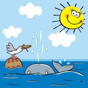 whale and bird in the sea, cute picture for kids, vector illustration