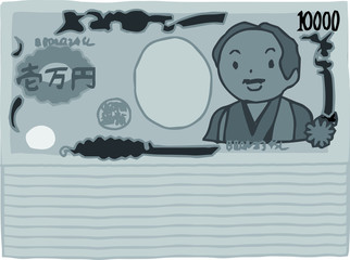 Monochrome Bunch of Cute hand-painted Japanese 10000 yen note