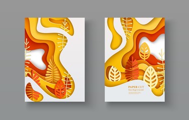 Set of autumn banners with layered shapes and leaves in paper cut style. Yellow, orange, white color palette. The effect of 3D in papercraft art. A4 size, vector