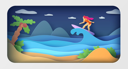 Summer vacation at sea girl surfing. Paper cut.Beautiful vector illustration