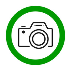 Cameras allowed sign. Flat icon in green circle. Vector illustration