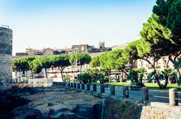 Palm tree alley near Castello Ursino – ancient castle in Catania, Sicily, Southern Italy.