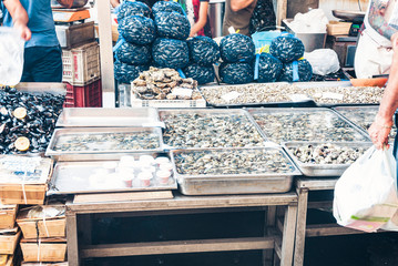 Fresh fish and seafood for sale in the fish market of Catania, Sicily, Italy