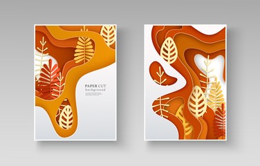 Set of autumn banners with layered shapes and leaves in paper cut style. Yellow, orange, white color palette. The effect of 3D in papercraft art. A4 size, vector