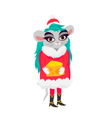 Cute little mouse is a girl in a Santa costume with a big piece of cheese.