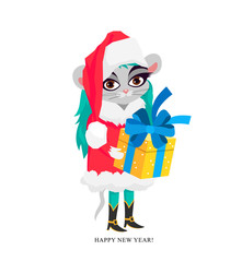 Little mouse - a girl in a Santa costume. The symbol of the Chinese 2020 year.