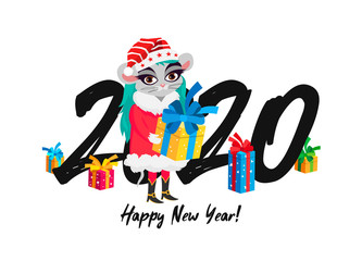 Cute little mouse - a girl in a Santa costume. Big numbers 2020.