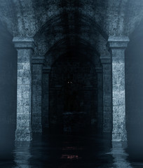 Monster creature hiding in an old crypt that full of water,3d rendering**night scene contain some noise on skin of main subject