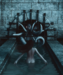 Woman sacrifice herself to a monster creature,3d rendering © Joe Therasakdhi