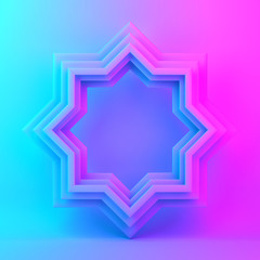 Eight point star paper cut on blue pink violet gradient background. Design creative concept for islamic celebration day ramadan kareem or eid al fitr adha. 3d rendering illustration.