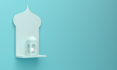 Arabic window shelf and lamp on blue pastel background. Design creative concept of islamic celebration day ramadan kareem or eid al fitr adha. 3D rendering illustration.