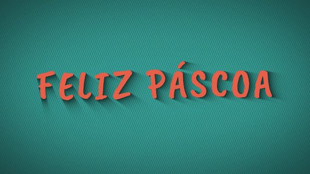 Animation bouncing letters with shadows. 'Feliz Pascoa'. Happy Easter in portuguese language. Orange text on blue background