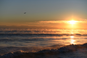 Fototapeta na wymiar Colorful beach sunrise with a vibrant sky line 