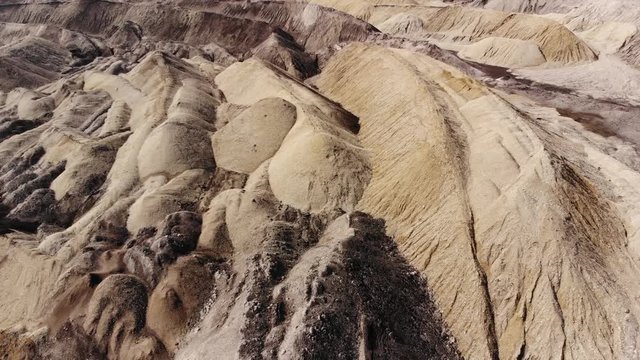 Brown coal mining in Germany from above. The camera flies over the destoyed nature in a wide aerial shot.