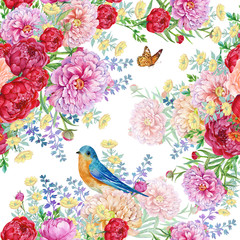 floral seamless pattern for textile design ,Wallpaper ,peony flowers blue bird and butterfly.Watercolor illustration