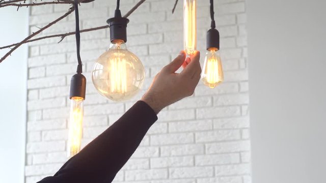 Vintage hanging lamps on white background of wall. Media. Glowing vintage light bulbs of different shapes hang on branch in interior with white brick wall. Hand stops, swinging light bulb