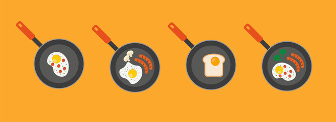 Omelet in a skillet. Flat illustration of egg on griddle vector icon for web design - obrazy, fototapety, plakaty