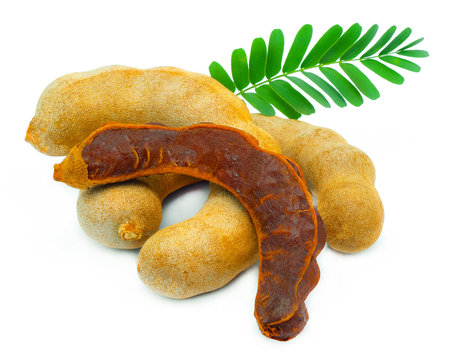 fresh tamarind fruits and leaves isolated on white