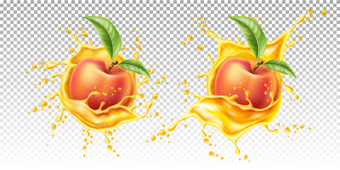 Vector realistic peach leaf in juice splash
