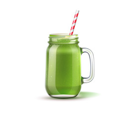 Realistic smoothie mason jar with straw. Green fruits and vegetables mix in glass jar. Detox cocktail for healthy dieting. Spinach, kiwi and celery shake. Vector vitamin cocktail