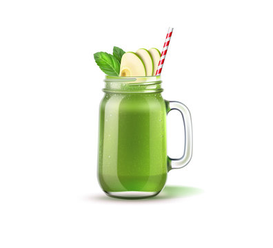 Realistic smoothie mason jar with apple slices, green leaves and straw. Green fruits and vegetables mix in glass jar. Detox cocktail for healthy dieting. Spinach, kiwi and celery shake.