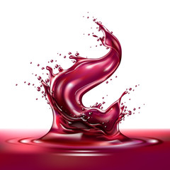 Realistic red wine or grape juice splash. Splashing juicy liquid motion for package design. Vector purple grape juicy wave, flowing liquid. Fresh sweet drink flow.