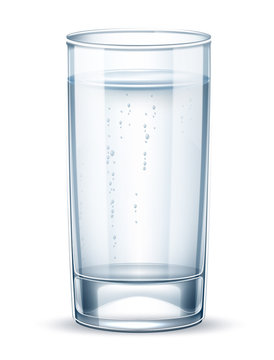 Pure water with bubbles glass on transparent background. Crystal clear drink container. Fresh water, juice or alcohol beverage glass realistic tableware. Vector mineral water product package design.