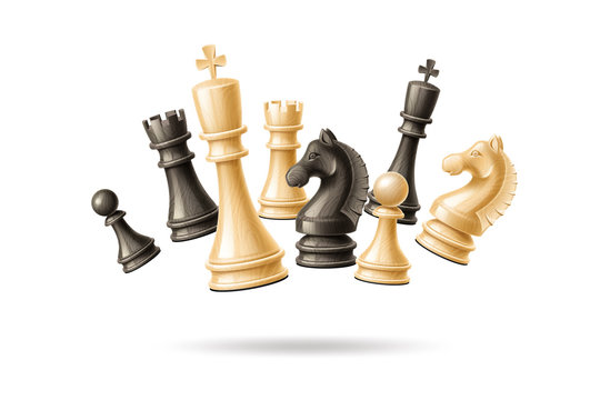 Realistic chess pieces jumping in group set. 3d vector king, queen bishop and pawn horse rook Black and white chess figures for strategic board game. Intellectual leisure activity symbol.