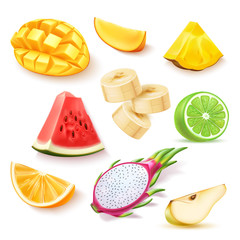 Realistic tropical fruit slices set. Delicious mango cubes, ripe watermelon, pineapple wedge, banana rings, lime half, pear, orange and dragonfruit pitahaya slices. Vector summer holiday exotic fruits