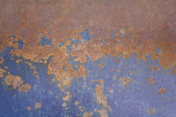 shabby blue purple metallic iron surface with brown orange rust stains. rough texture