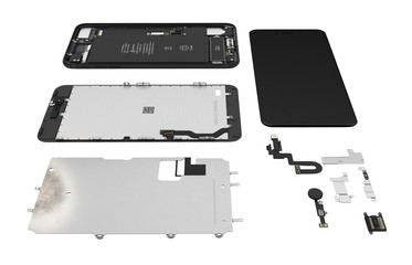 Flat Lay of smartphone components on white background 3d ilustration without shadow