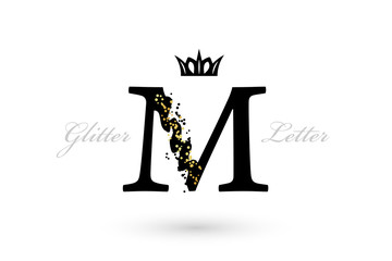 Luxury M letter. Vector emblem with character element and golden dotted decoration