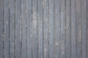 An old wooden gray fence made of planks with peeling paint, cracks and white spots. vertical lines. rough surface texture