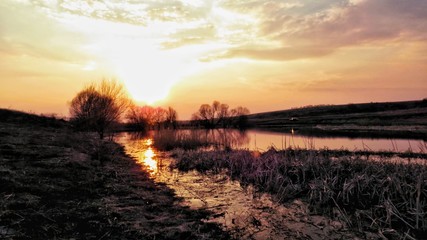 Sunset in the desert with the orange sun