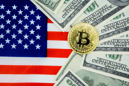 bitcoin, usa flag and dollar banknotes