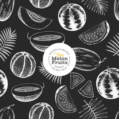 Melons and watermelons with tropical leaves seamless pattern. Hand drawn vector exotic fruit illustration on chalk board. Engraved style fruit banner. Retro botanical backdrop.