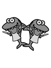 2 haie freunde team paar crew essen besteck lecker hunger schürze küche chef koch grillen meister cool lustig comic cartoon design gefährlich meer tauchen schwimmen clipart