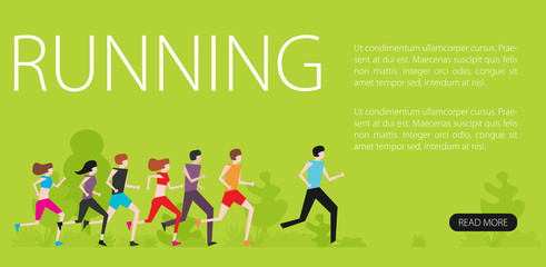 Running people group in motion.Training outdoor flat vector.