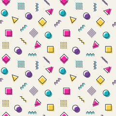 Memphis style repeating seamless pattern with colorful geometric elements. Vintage fashion style texture.