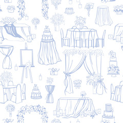 Wedding flowers, cake, decoration for chairs, bridal bouquet.  Vector  seamless pattern.
