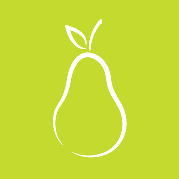 Perfect shape pear icon with white outline and leaf on a colorful green background. Symbol or logo for healthy eating.