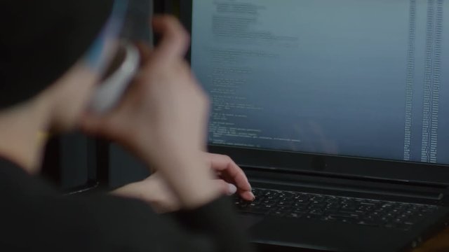 Back view of young female programmer sitting at laptop, creating software code and drinking tea