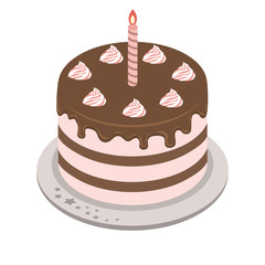 Сake with cream and candle. Birthday cake. Vector illustration