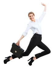 Young happy business woman jumping up in formal wear.