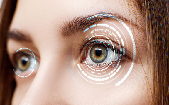 Digital female eye in process of scanning.