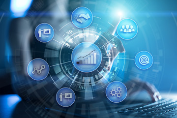 Business process and strategy concept on virtual screen background. Innovation and solutions for financial growth.