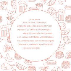 Beer, different types of food and fast food.