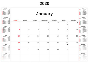 2020 a monthly calendar  with white background.