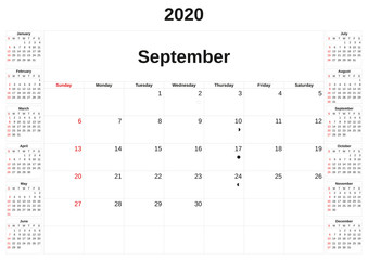 2020 a monthly calendar  with white background.
